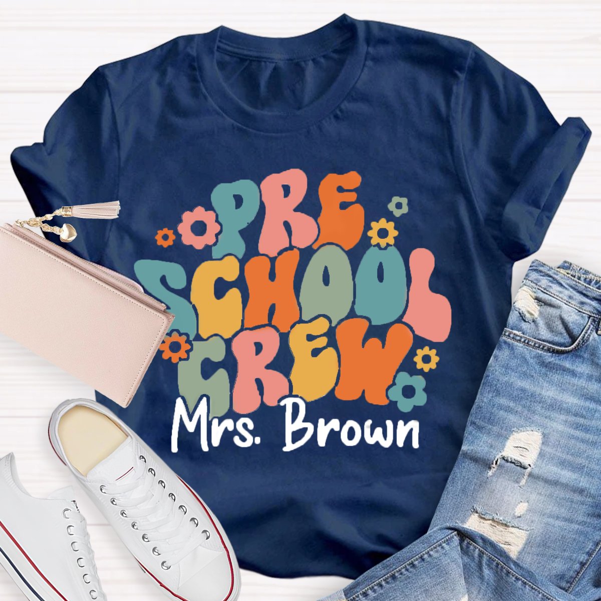 Personalized Name Preschool Teacher Crew T-Shirt