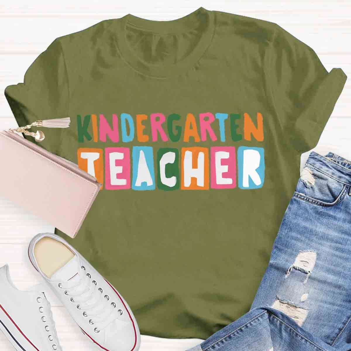 Personalized Grade Color Block Kindergarten Teacher Shirt