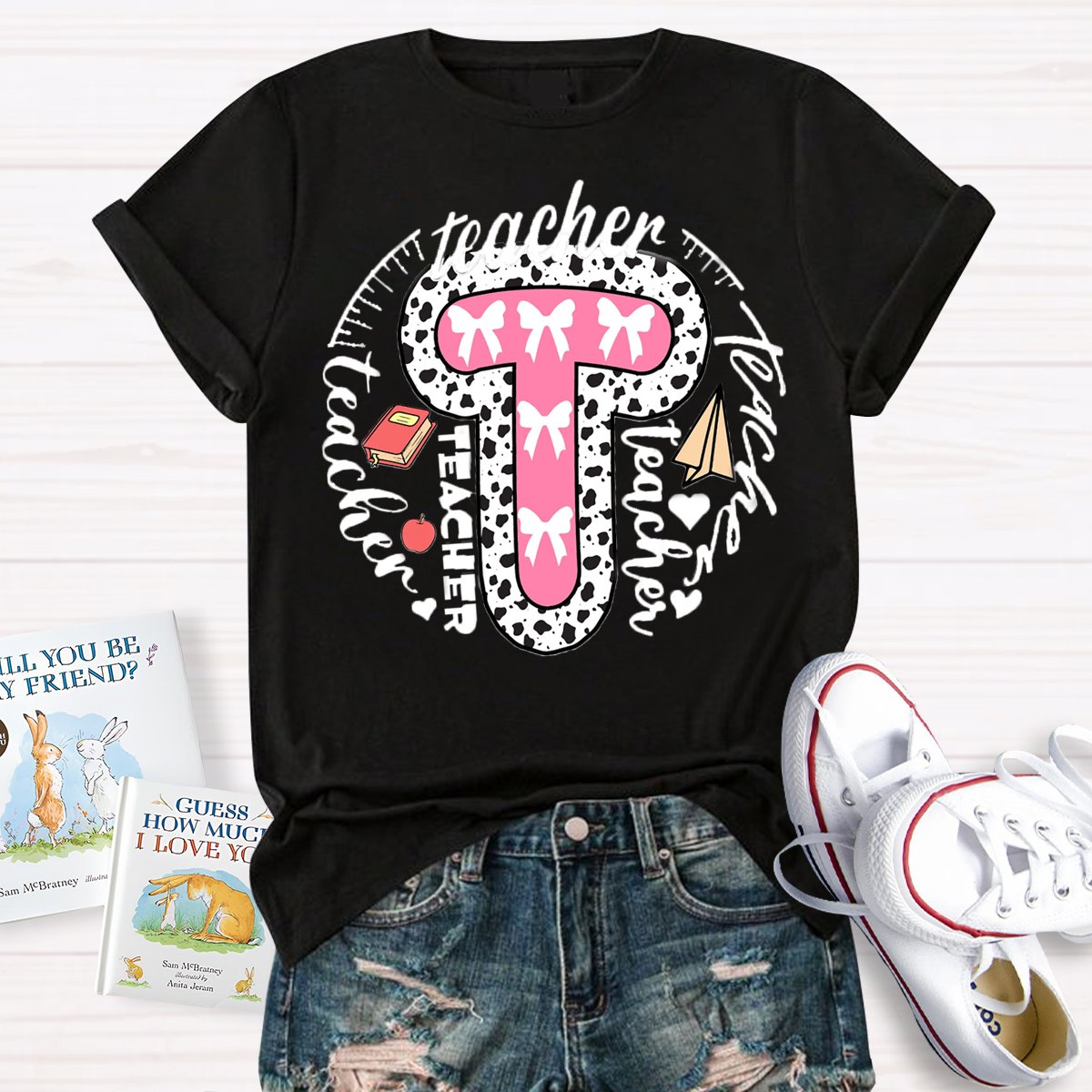 Teacher Typography Bow Print T-Shirt