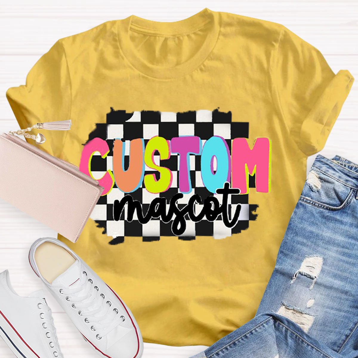 Personalized  Your Mascot Black And White Checkerboard Teacher T-Shirt