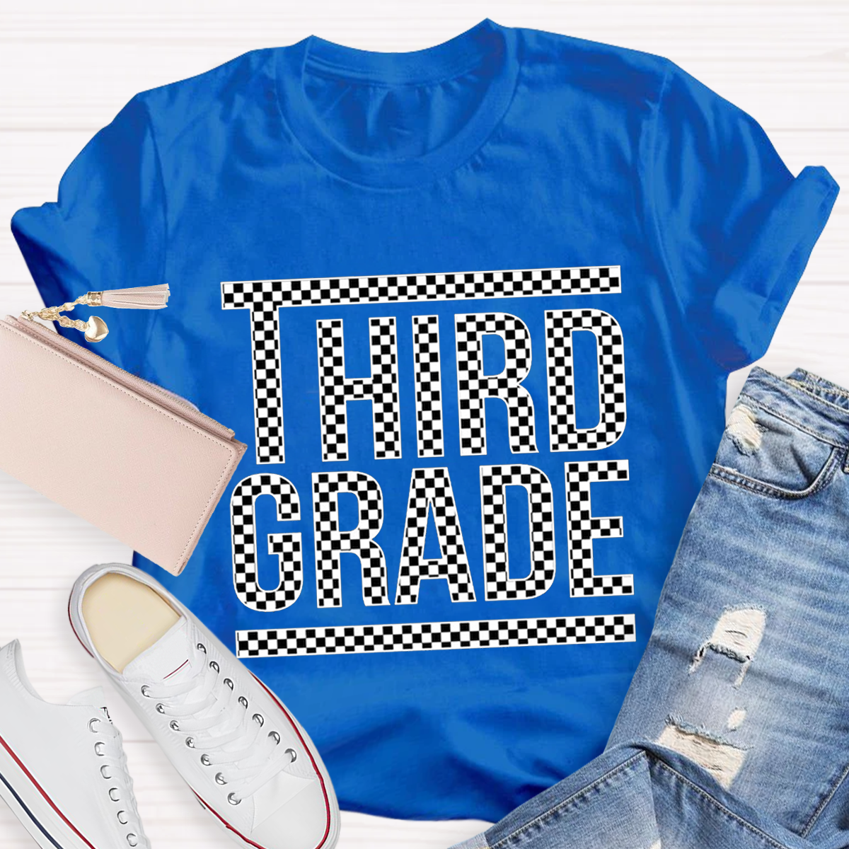 Personalized Plaid Grade Teacher T-Shirt