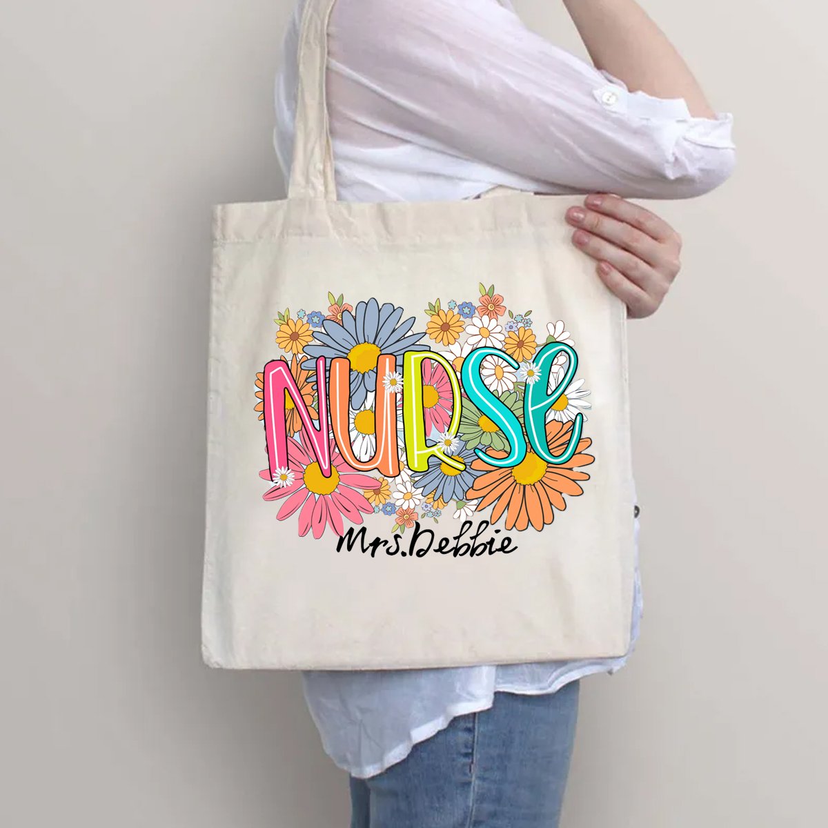 Personalized Your name School Nurse Flower Printed Tote Bag