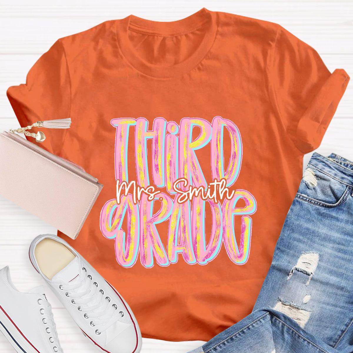 Personalized Grade And Name Pink Second Grade Teacher T-Shirt