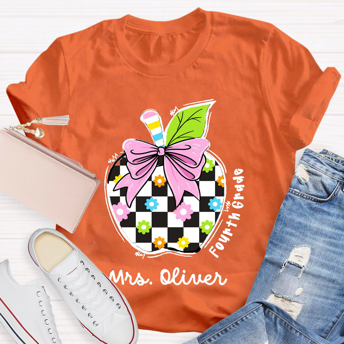 Personalized Grade And Name Colourful Check Print Apple T-Shirt