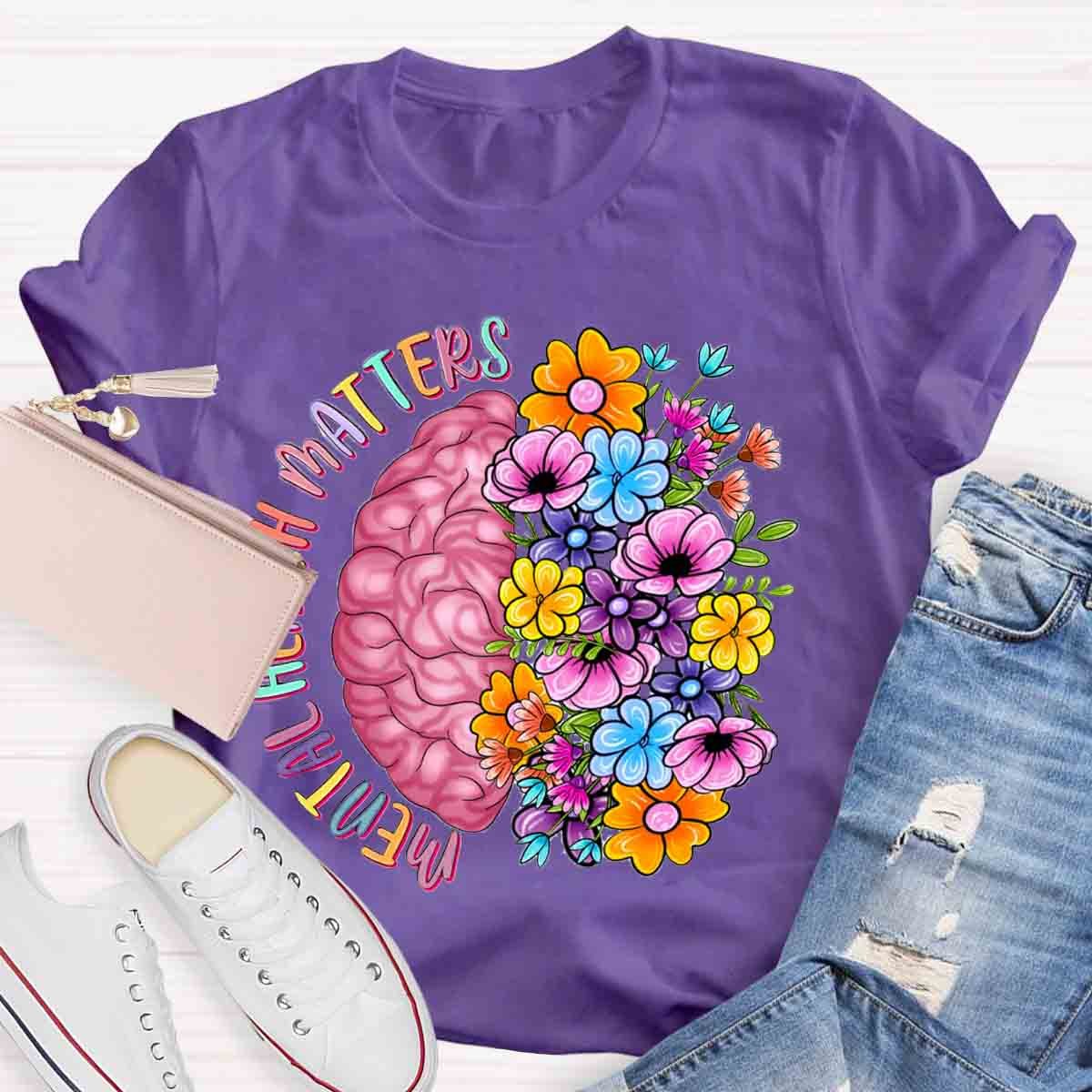 Mental Health Matters Half Brain Half Floral Skull T-Shirt