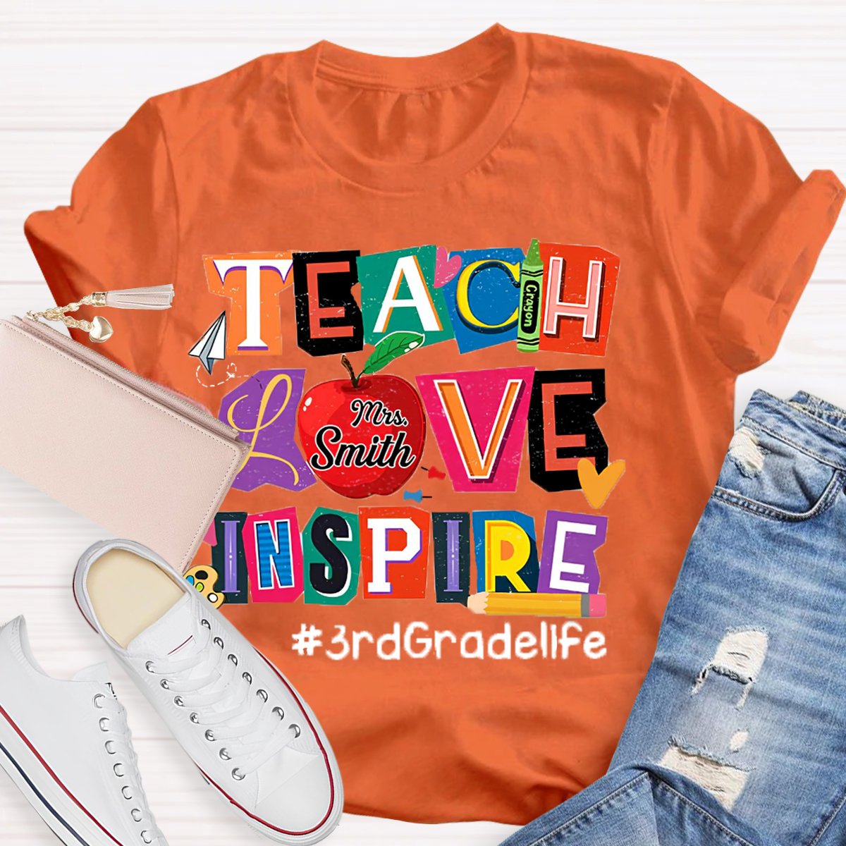 Personalized Name And Grade Teach Love Inspire Teacher T-Shirt