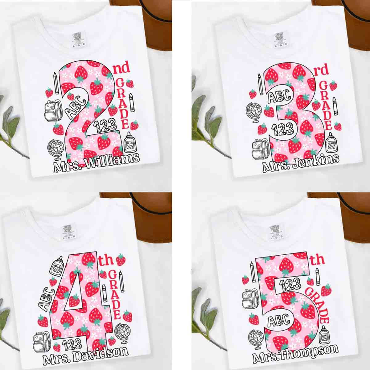Personalized Name And Grade First Grade Strawberry Floret Globe T-shirt