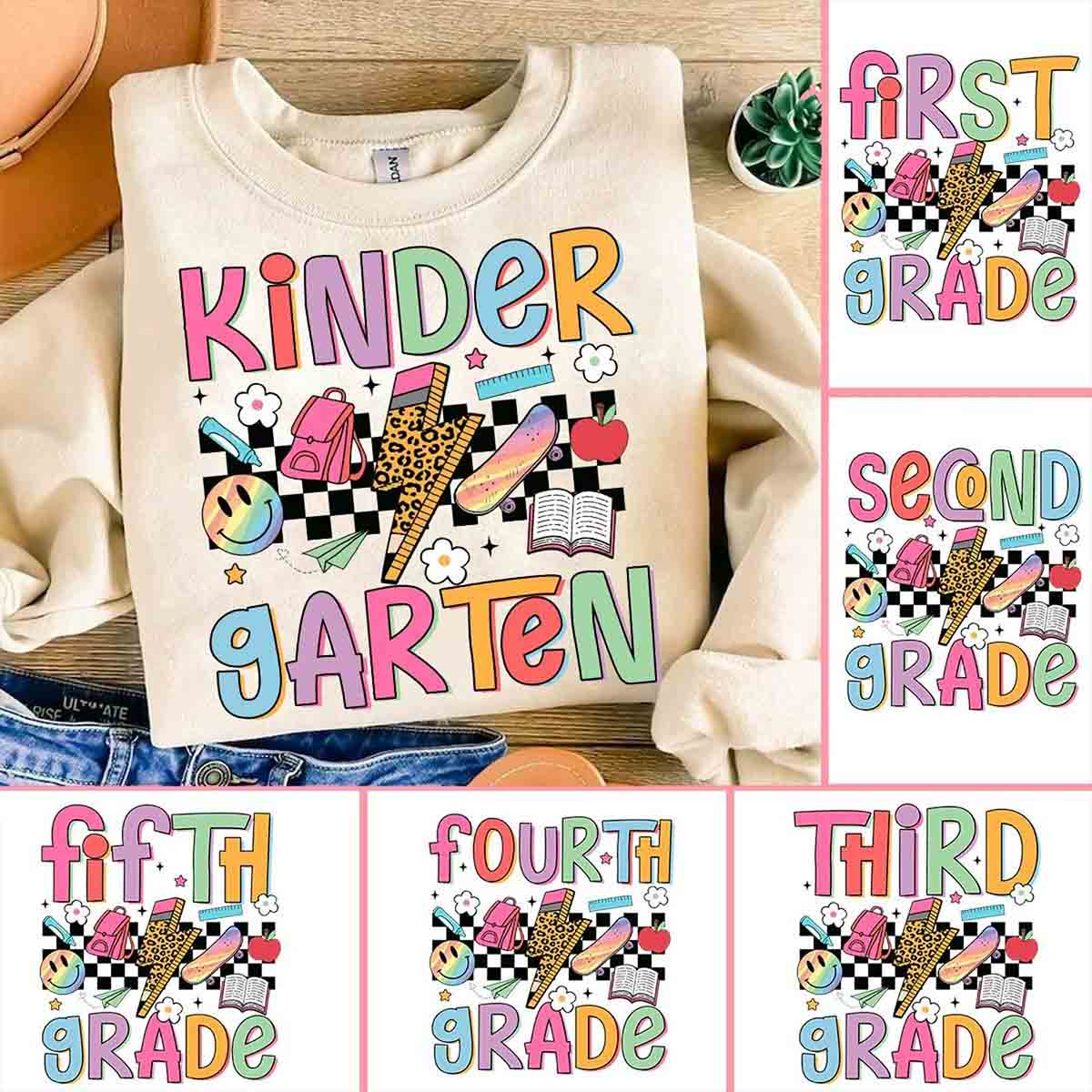 Personalized Grade Third Grade Small Checkered Print Teacher T-shirt