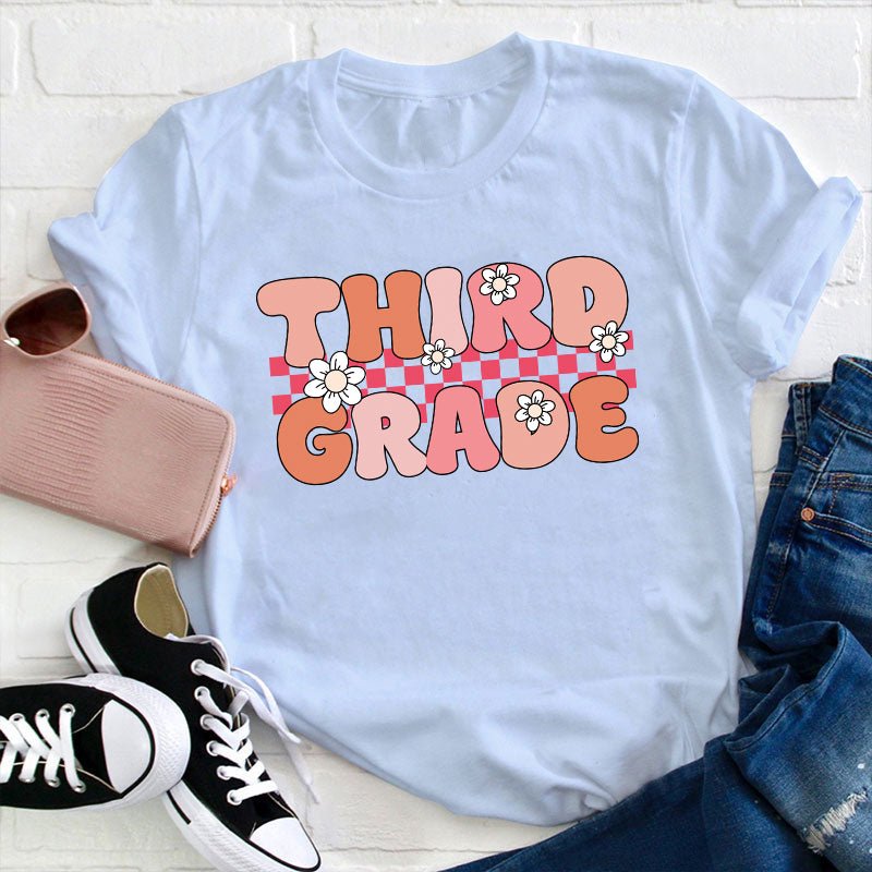 Personalized Grade Pink Flowers Teacher T-Shirt