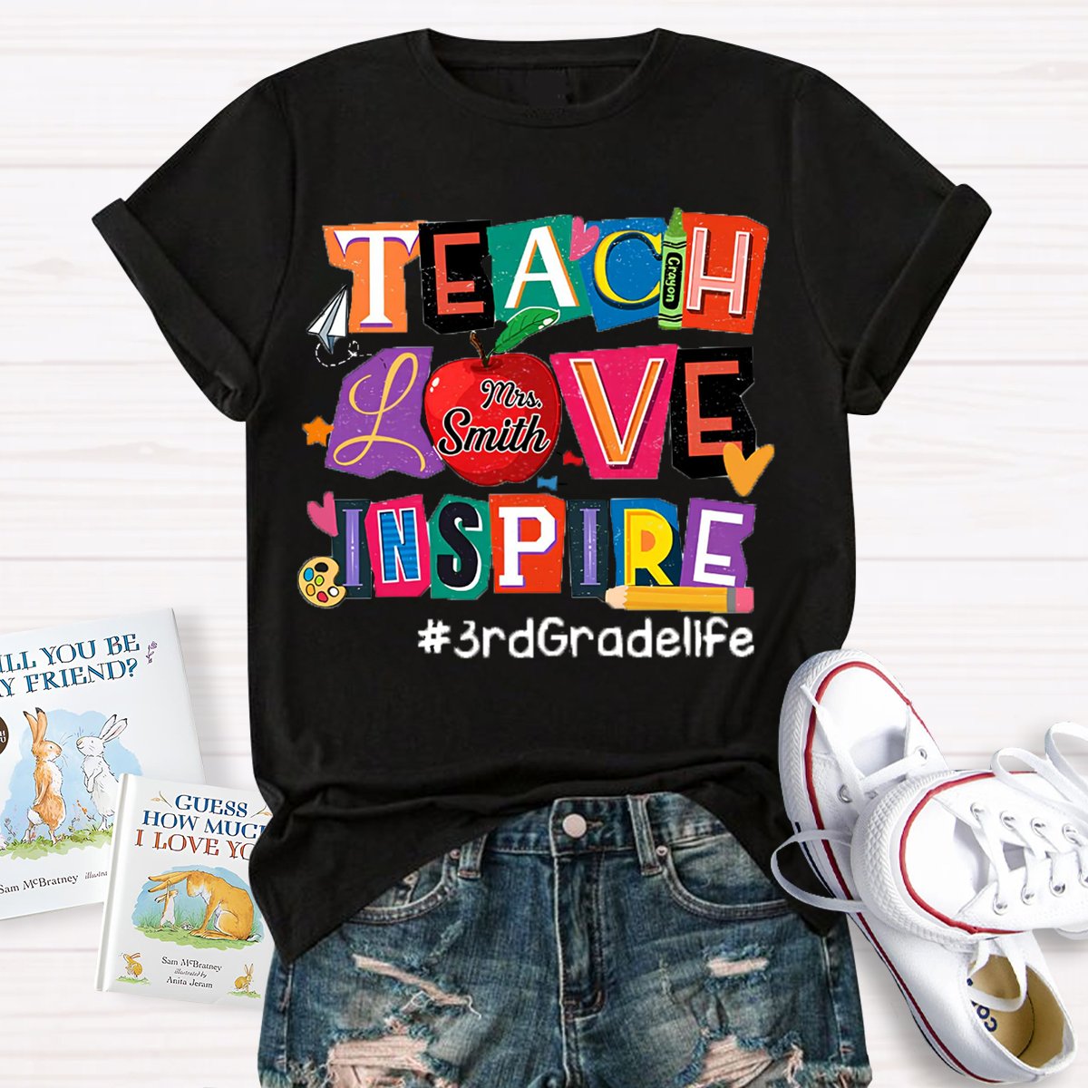 Personalized Name And Grade Teach Love Inspire Teacher T-Shirt