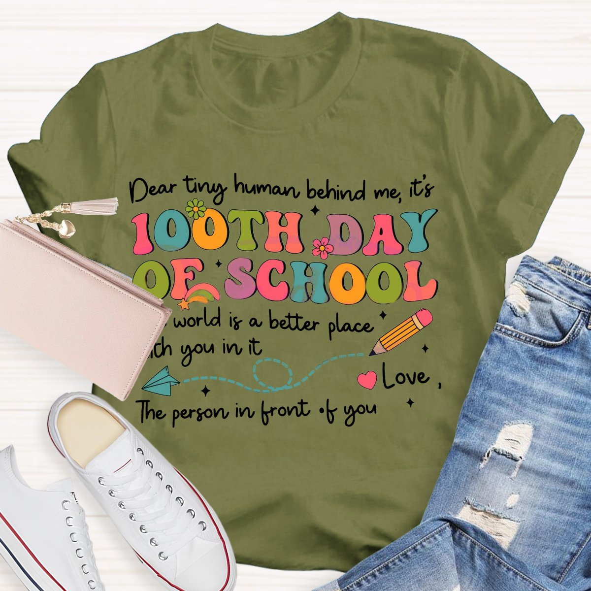 Teacher Dear Tiny Human Behind Me 100 Day Of School Shirt