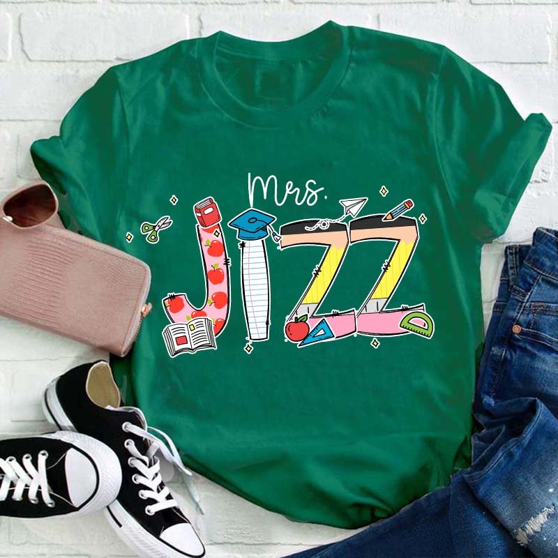 Personalized Name Cartoon Stationery Teacher T-Shirt