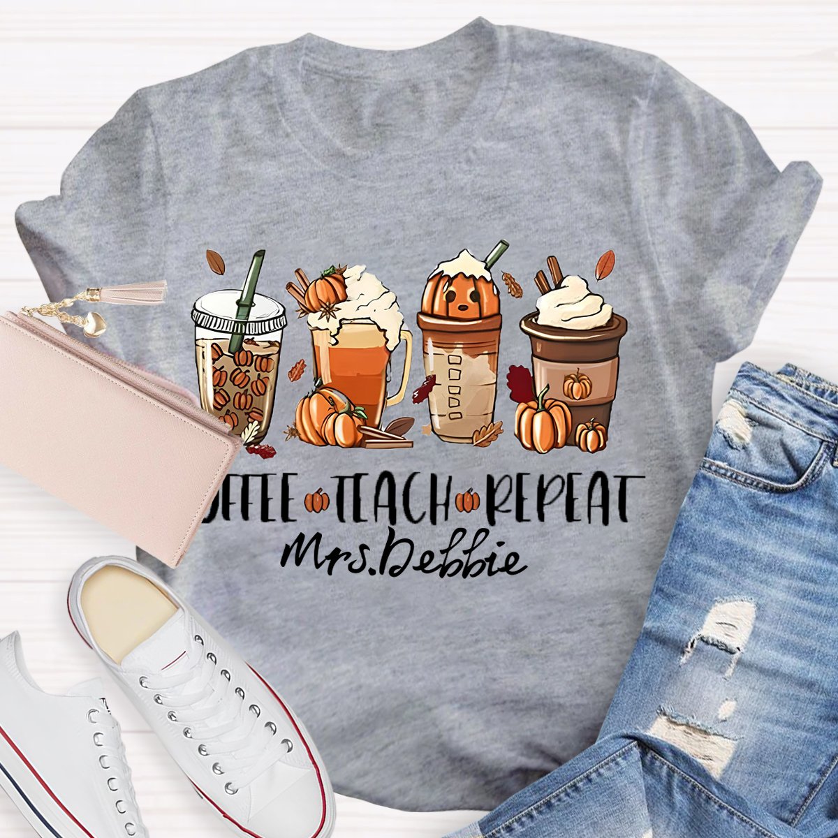 Personalized Name Halloween Coffee Teach Repeat Teacher T-Shirt