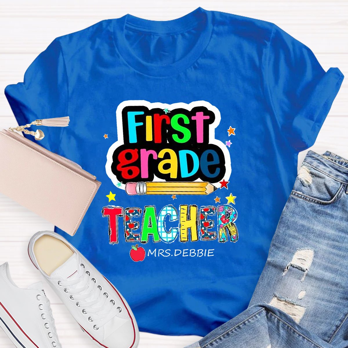 Personalized Grade And Name Color Pencil Stars Red Apple Teacher T-Shirt