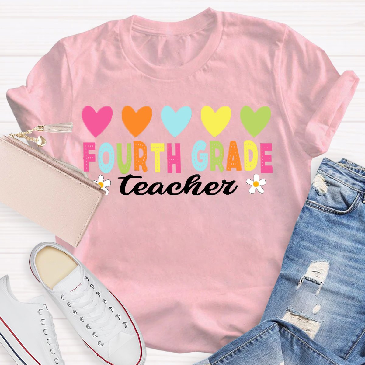 Personalized Grade Heart Print Teacher T-shirt