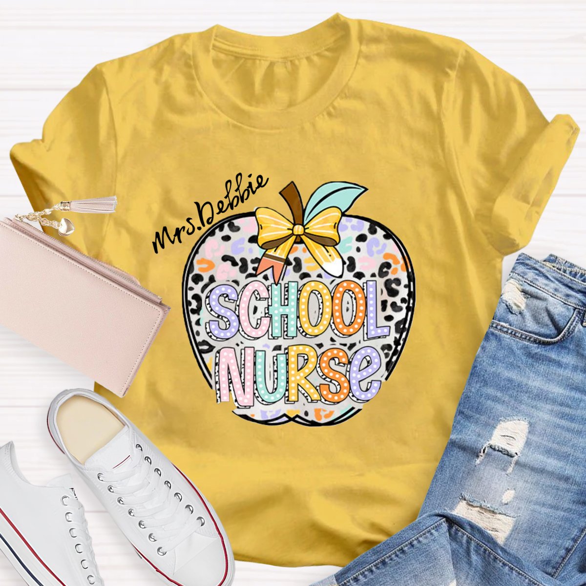 Personalized School Nurse Name Apple Printed T-shirt