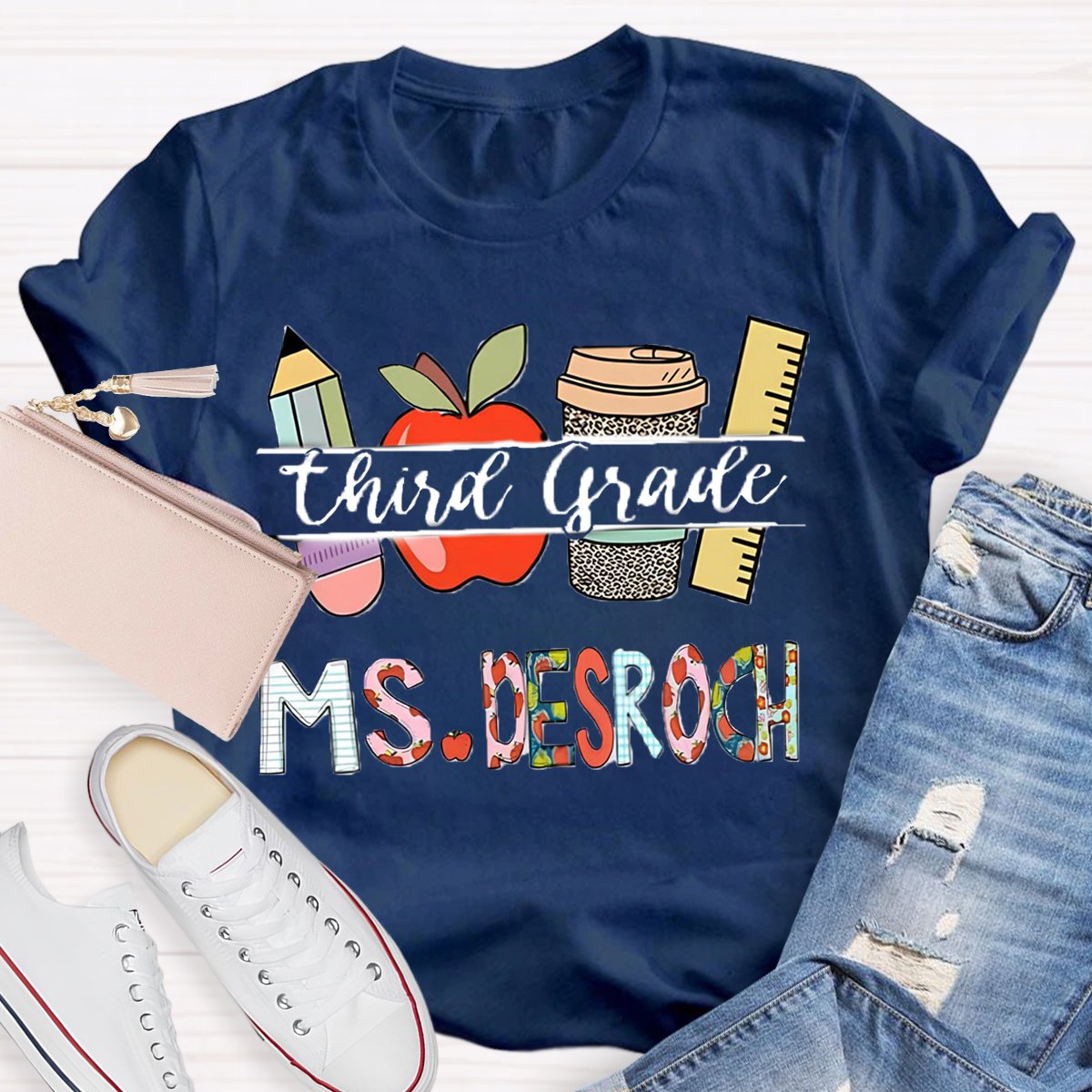 Personalized Grade And Name  Flower Letter Teacher T-Shirt