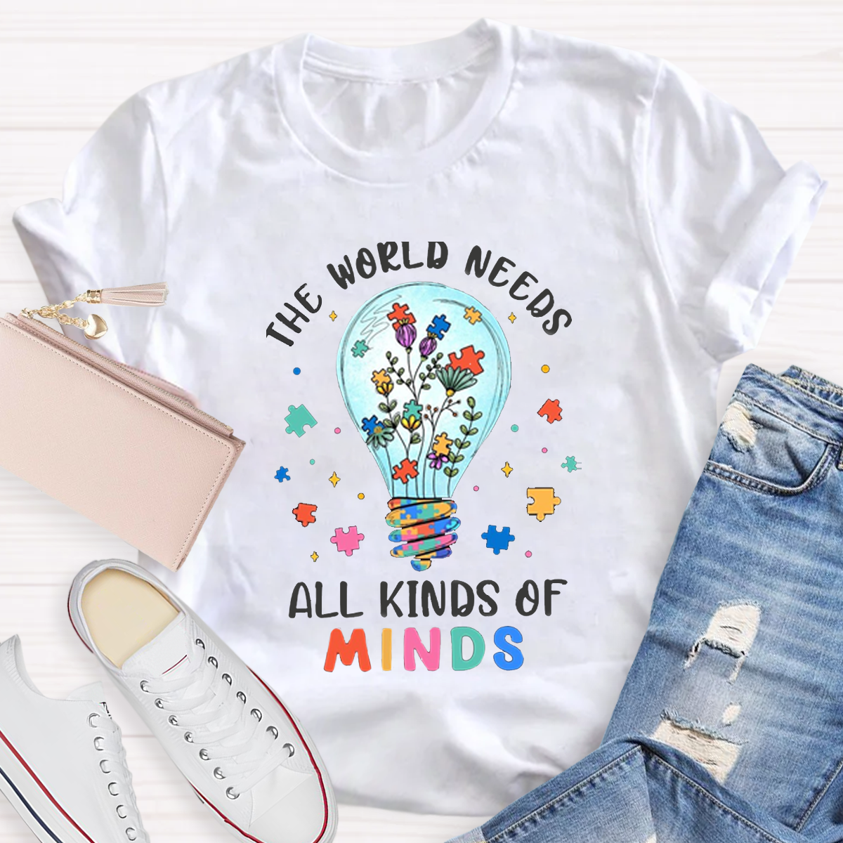 Colorful Puzzle The World Needs All Kinds Of Minds Teacher T-Shirt