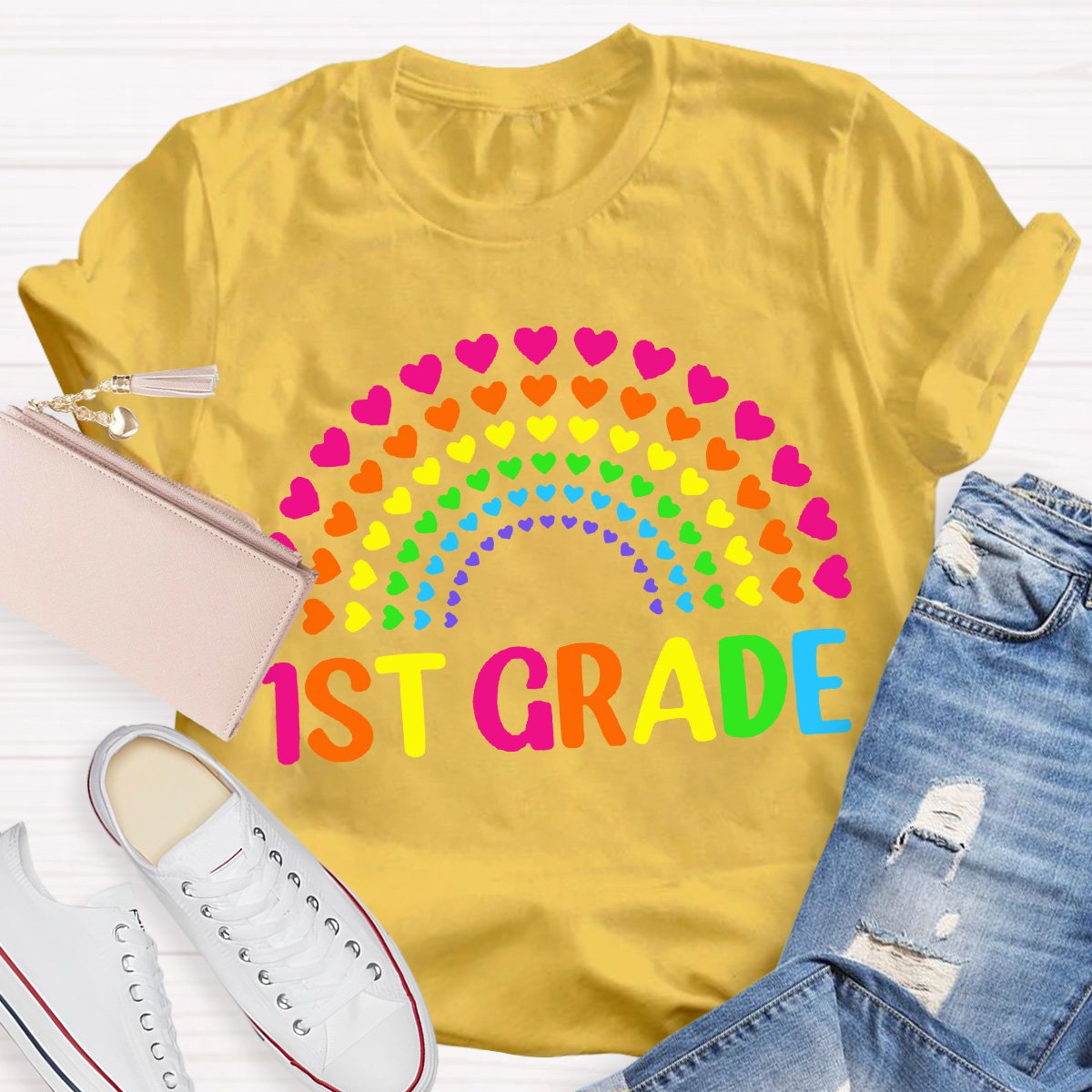 Personalized Grade Teacher Heart Rainbow Shirt