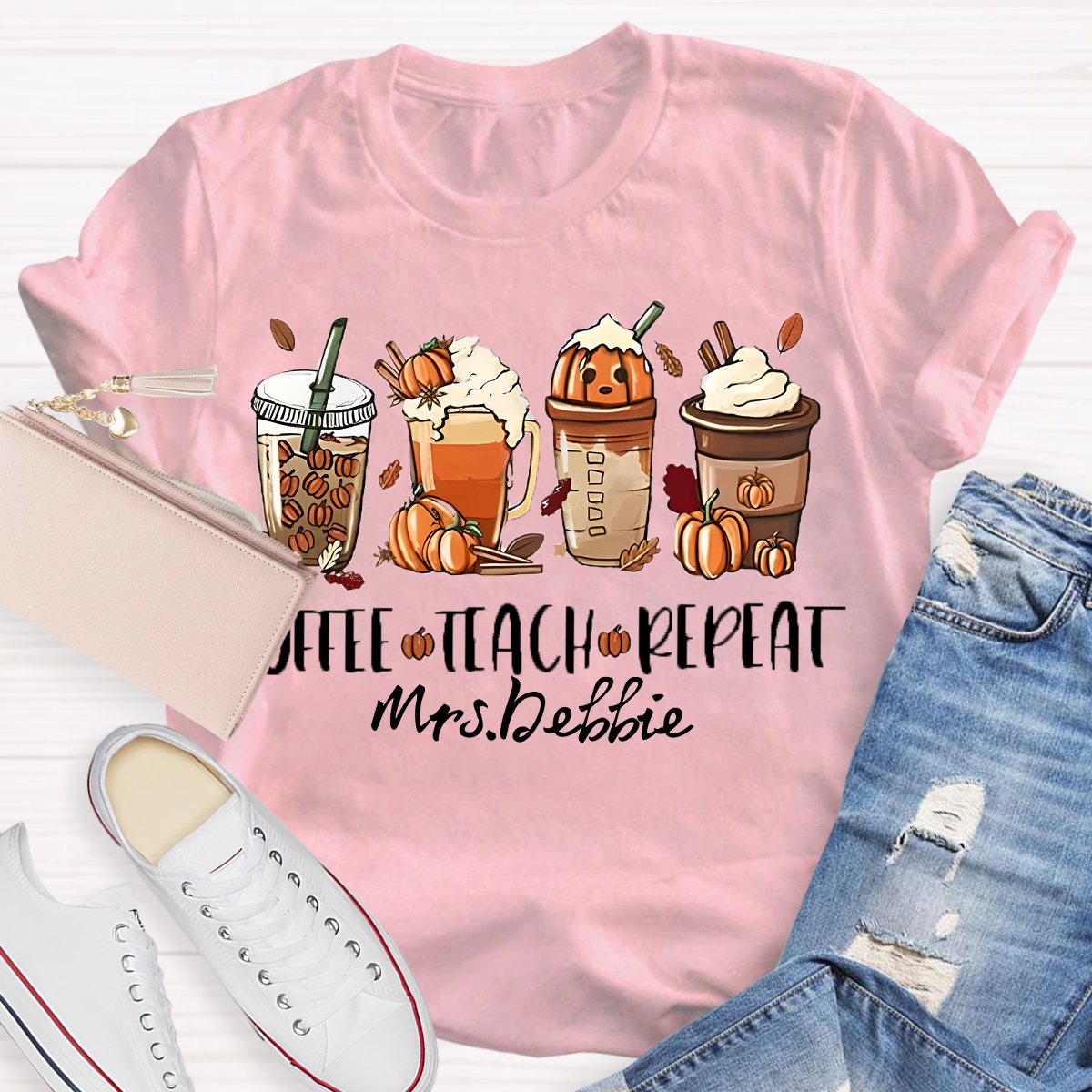 Personalized Name Halloween Coffee Teach Repeat Teacher T-Shirt