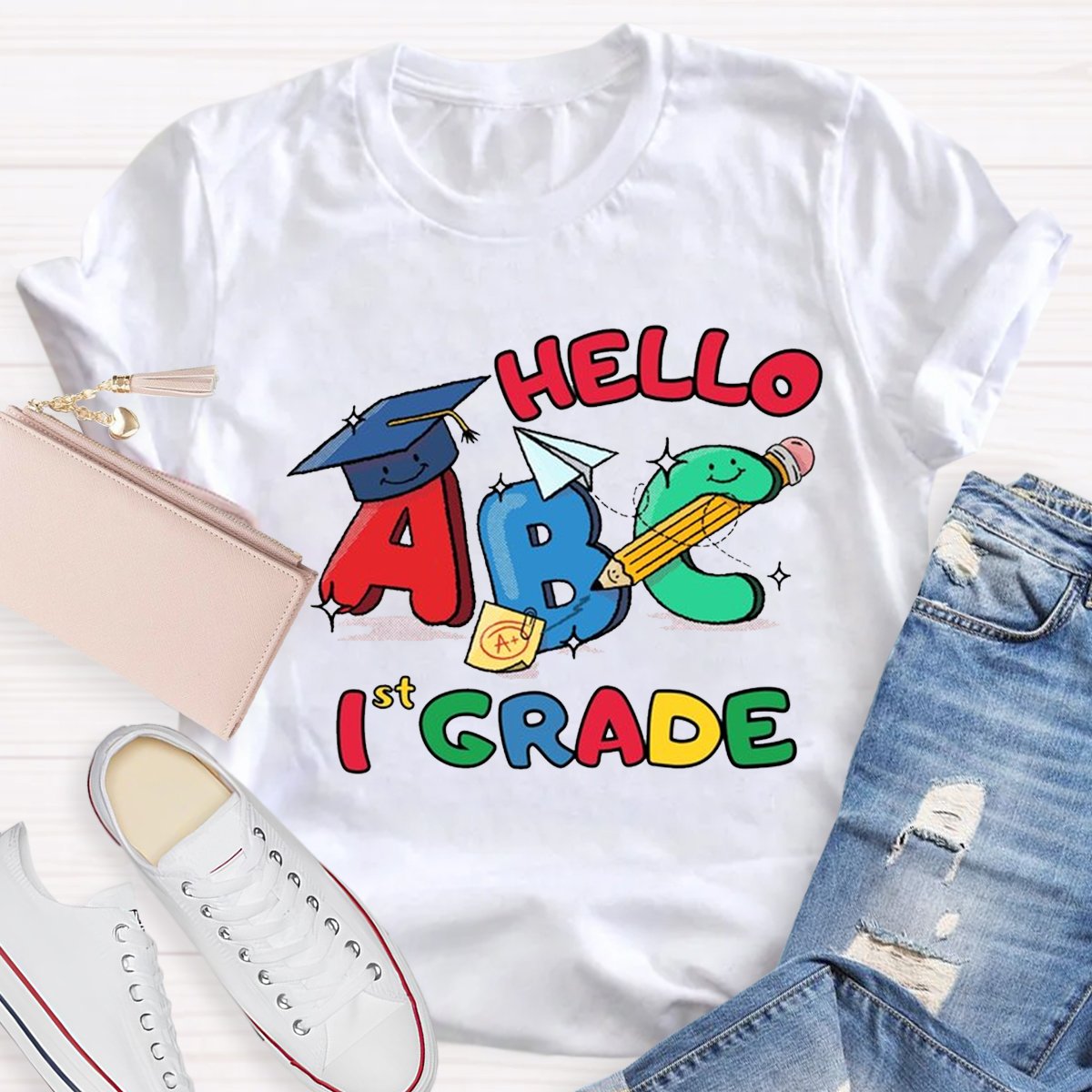 Personalized Hello Abc 1 St Grade Teacher Shirt