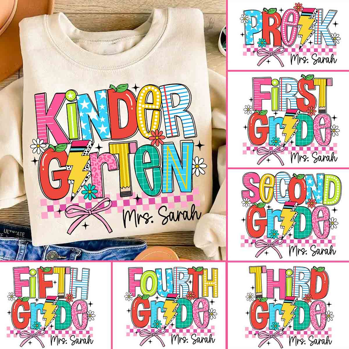 Personalized Name And Grade Kindergarten Flower Bow T-shirt