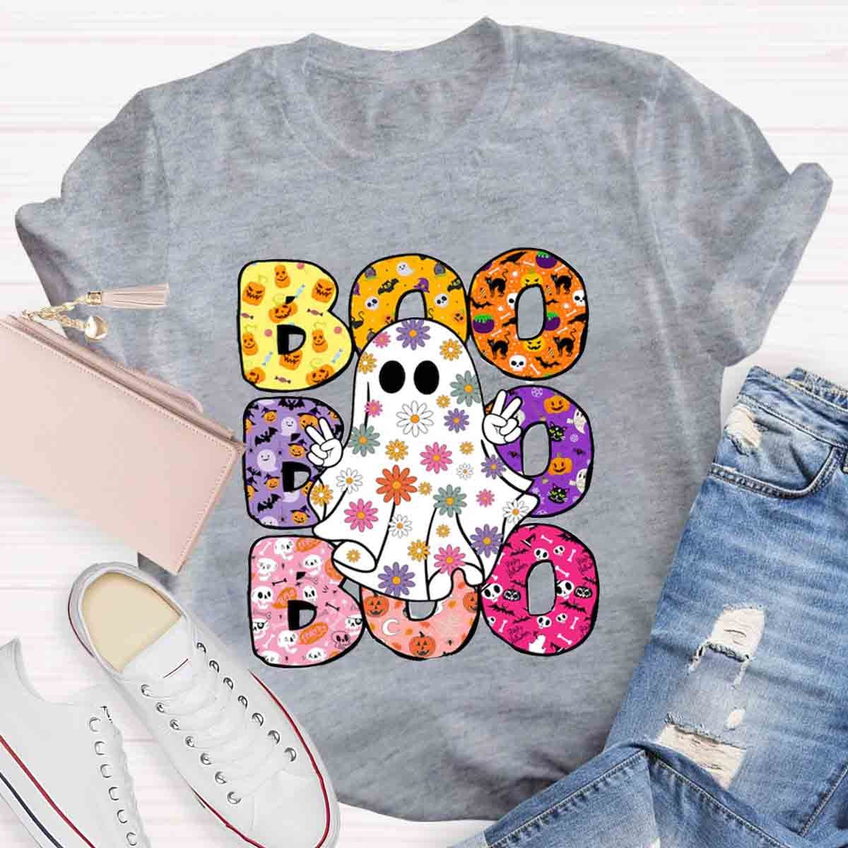 BOO Floral Ghost Print Halloween T-Shirt