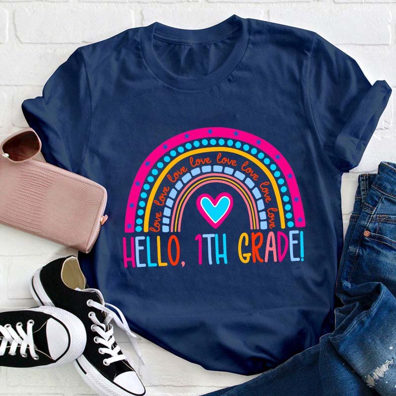 Personalized Grade Pink Rainbow Hello Love Teacher T-Shirt