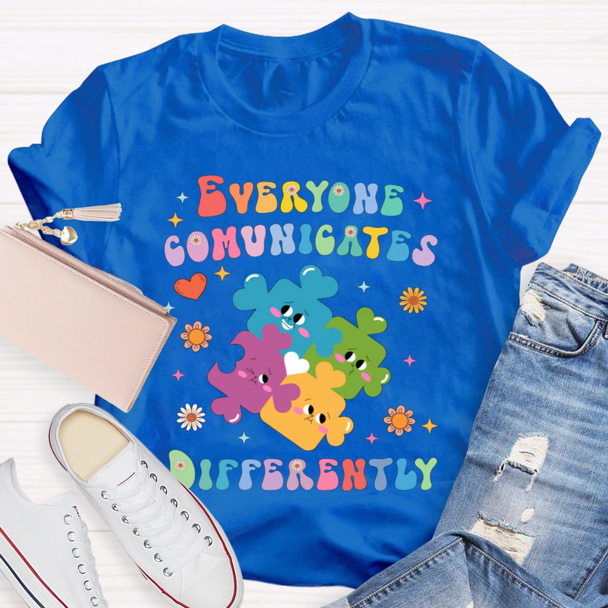 Everyone Communicates Differently Colored Puzzle Teacher T-Shirt