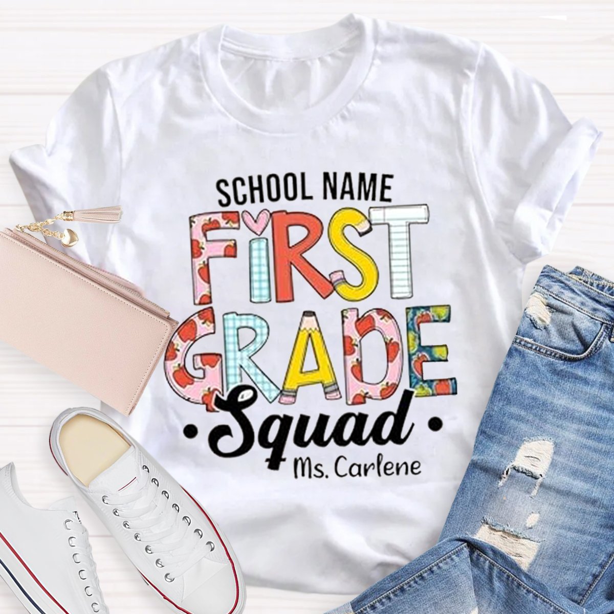 Personalized School Name And First Grade Teacher Shirt