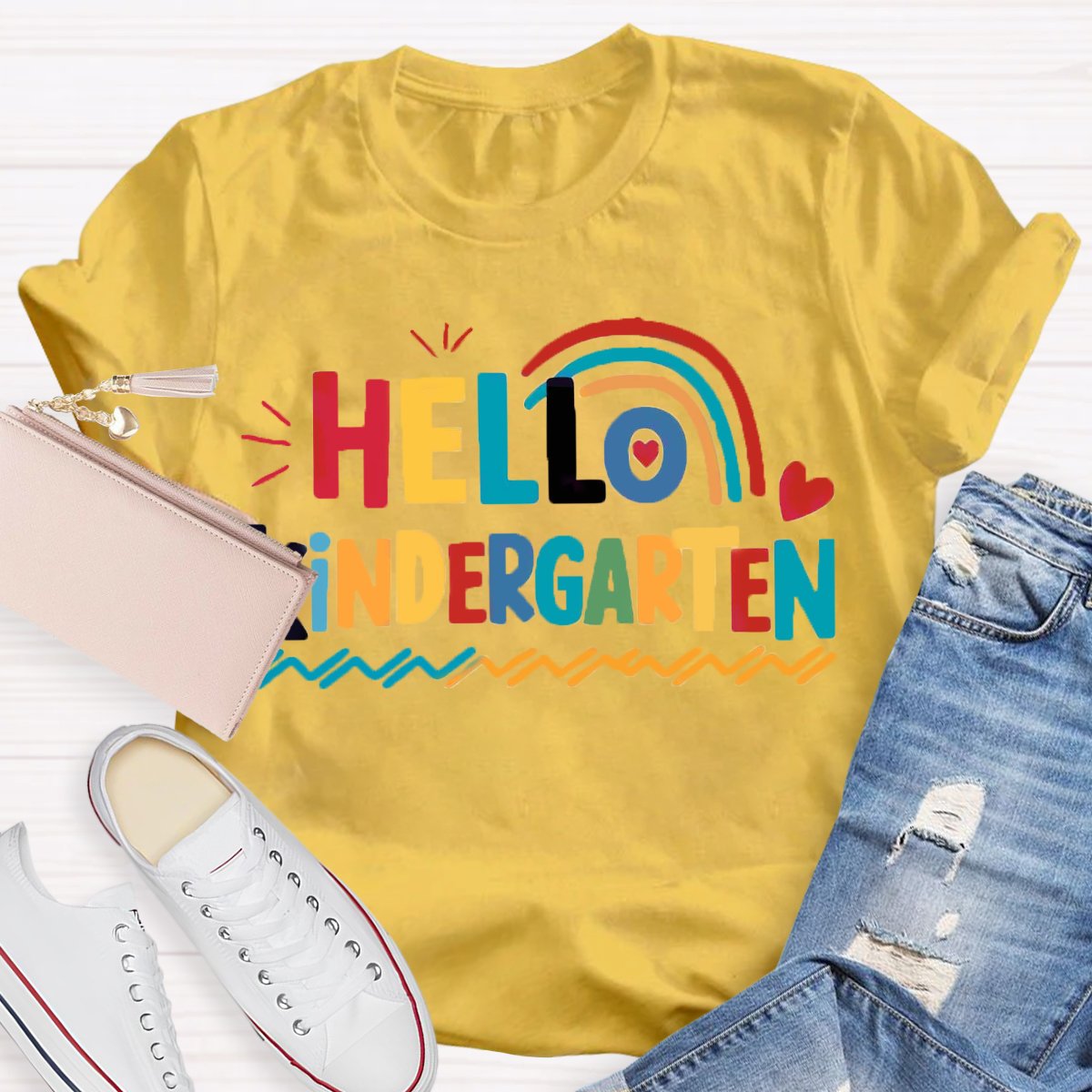 Personalized Grade Hello Kindergarten Rainbow First Day Of School T-Shirt