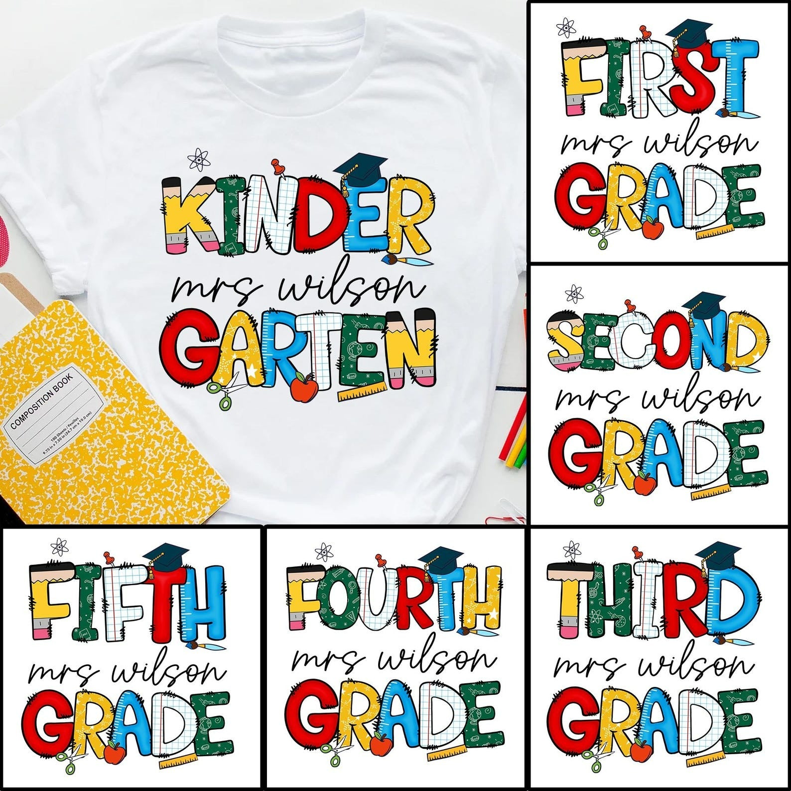 Personalized Grade And Name Colorful Letter Print T-shirt