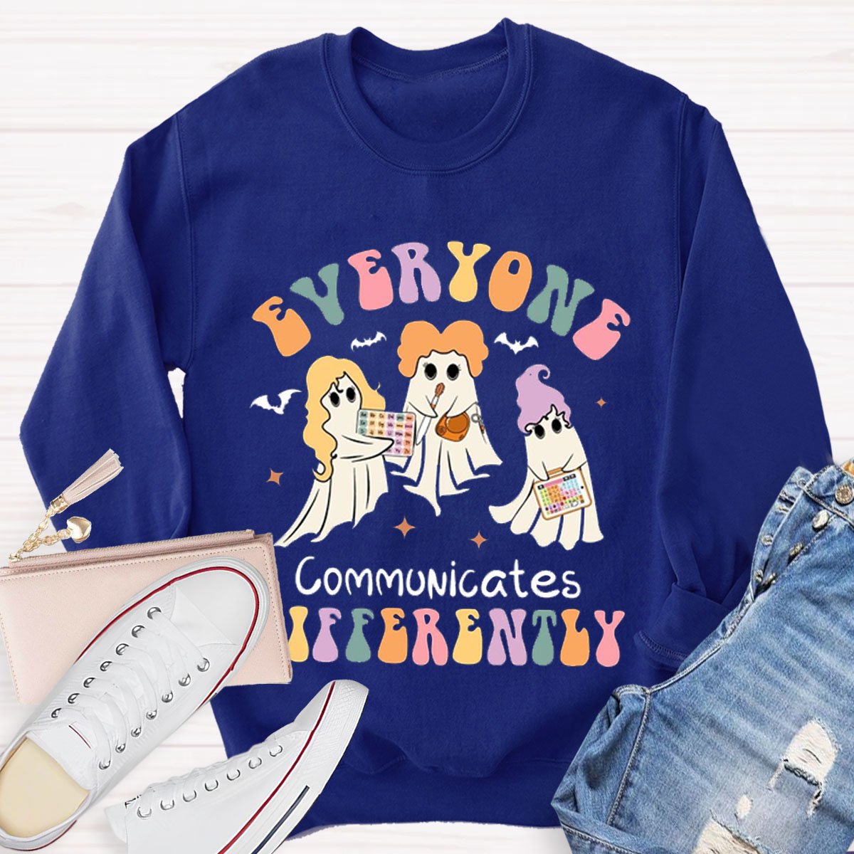 Everyone Communicates Differently Teacher Halloween Sweatshirt