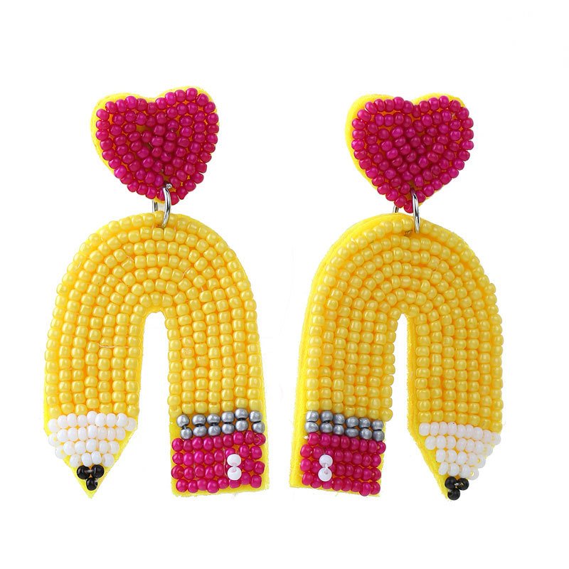 Handmade Rice Bead Heart Pencil Earrings