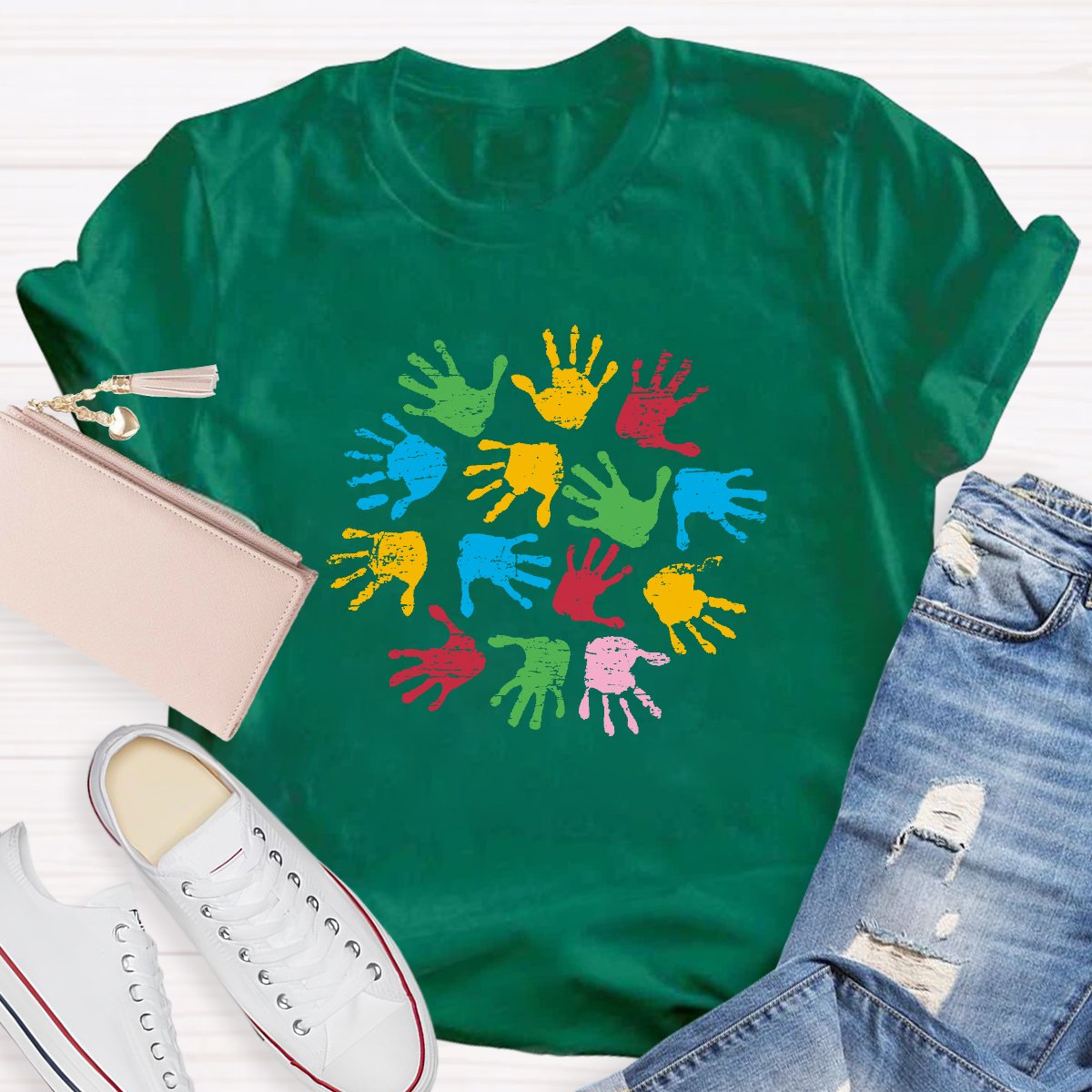 Colored Handprints Autism Awareness Teacher T-shirt