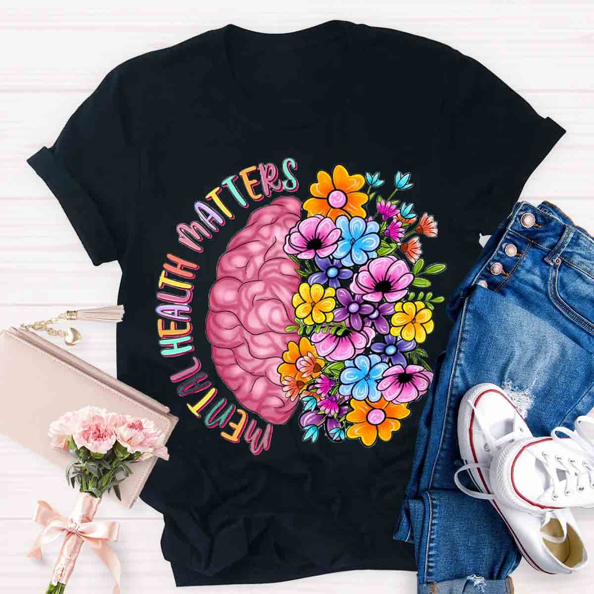 Mental Health Matters Half Brain Half Floral Skull T-Shirt