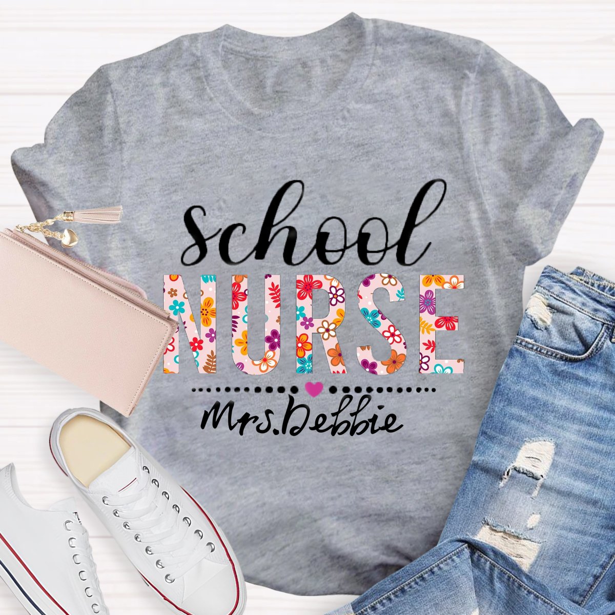 Personalized School Nurse Name Floral T-shirt