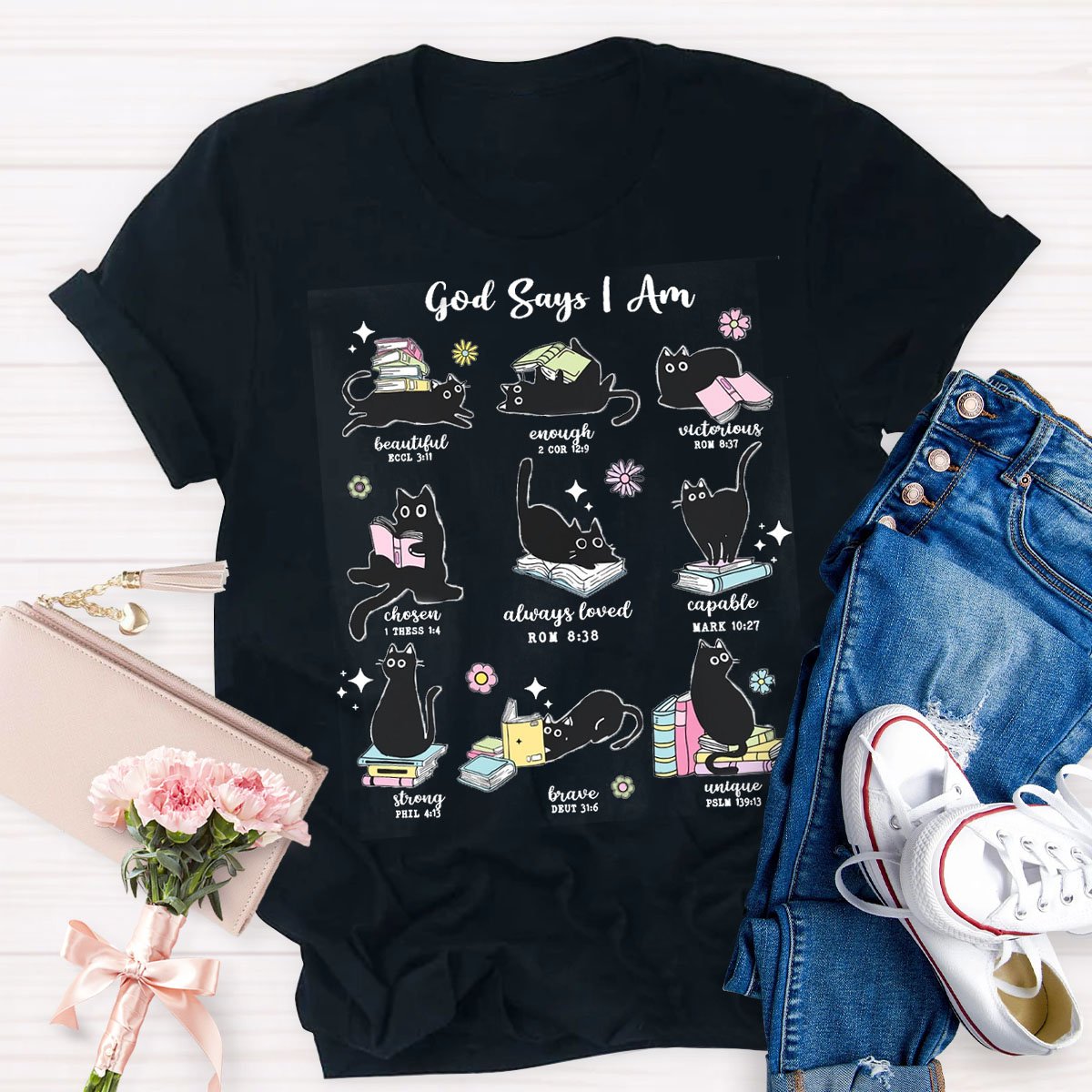 Cute Cat God Says I Am Teacher Cats and Books T-Shirt