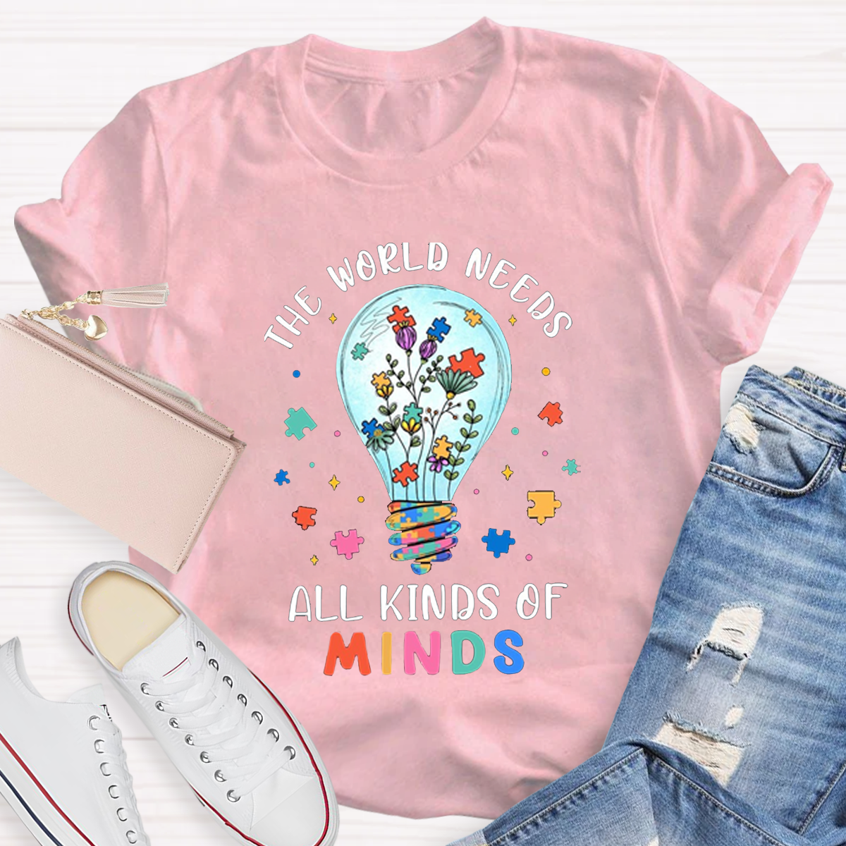 Colorful Puzzle The World Needs All Kinds Of Minds Teacher T-Shirt