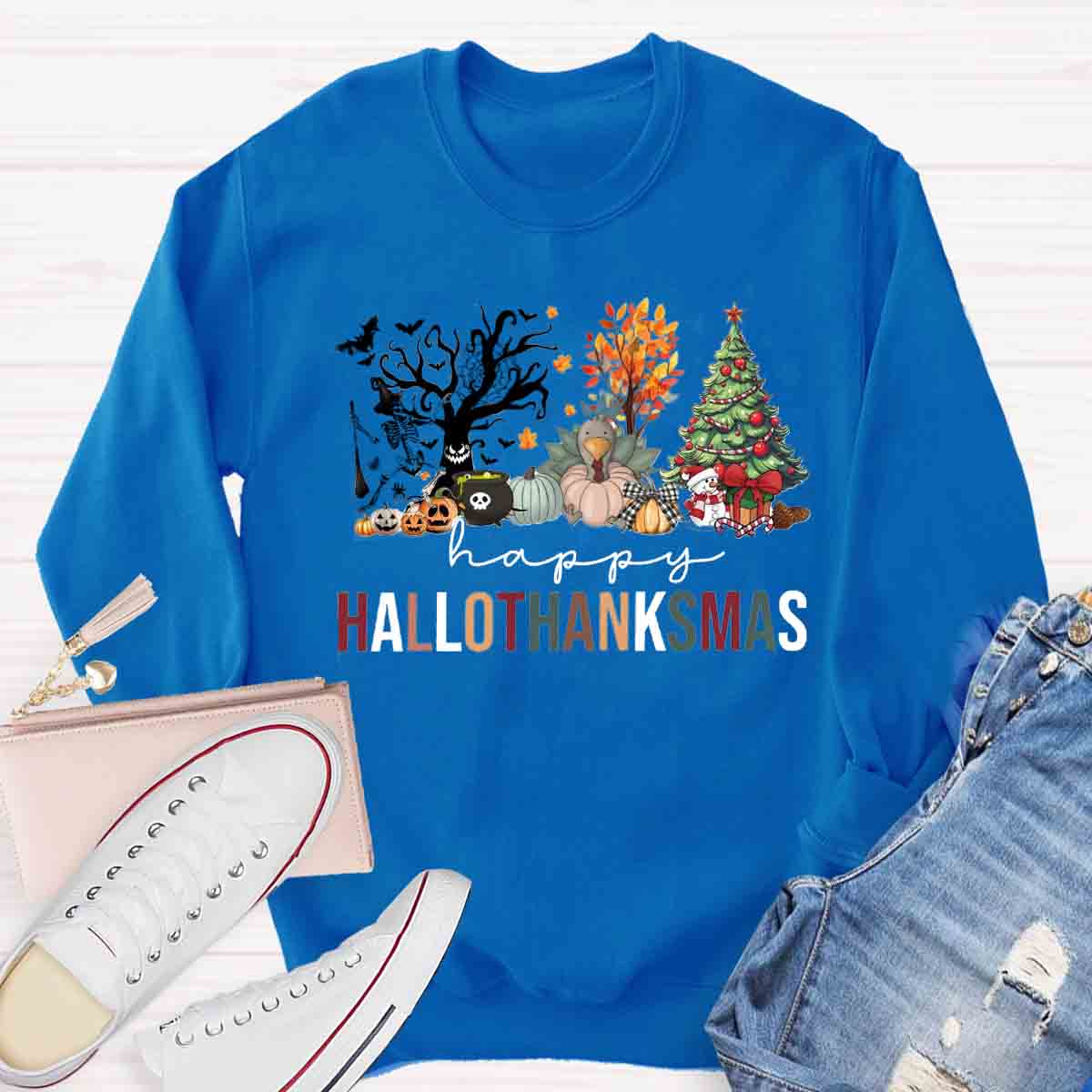 Happy Hallothanksmas Halloween Fall and Christmas Sweatshirt