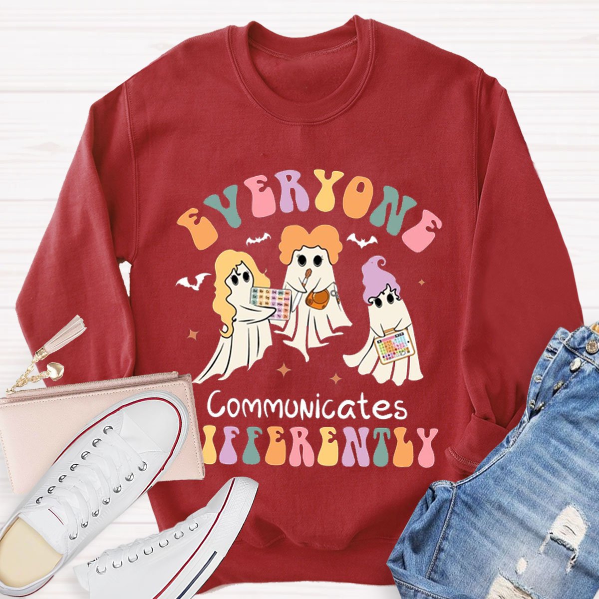 Everyone Communicates Differently Teacher Halloween Sweatshirt