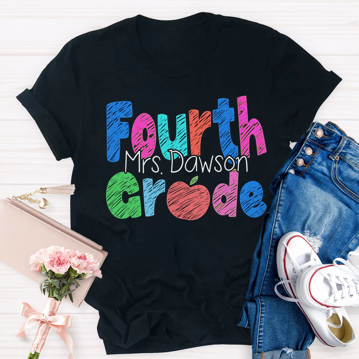 Personalize Grade Rainbow Apple Cute 4th Grade Teacher T-Shirt