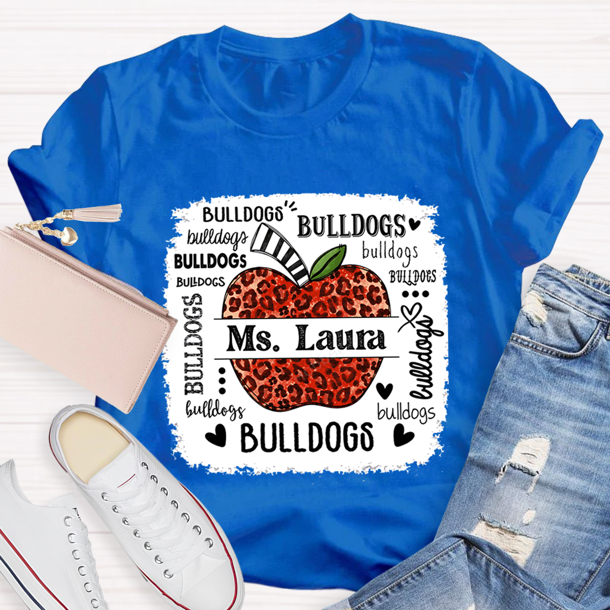 Personalized School Mascot Leopard Apple Teacher T-Shirt