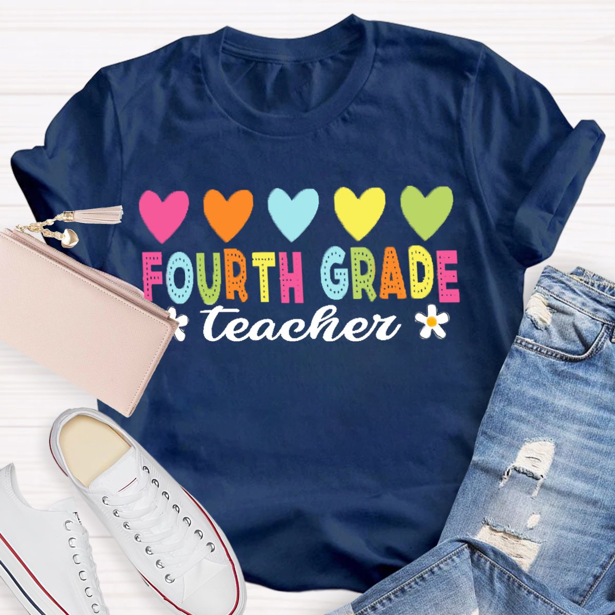 Personalized Grade Heart Print Teacher T-shirt