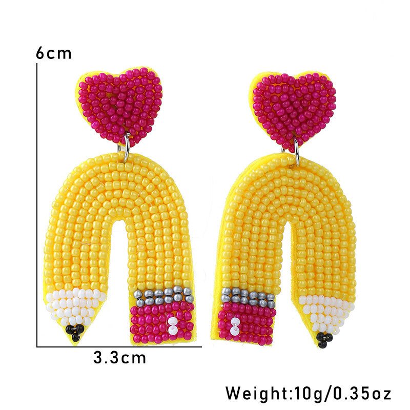 Handmade Rice Bead Heart Pencil Earrings