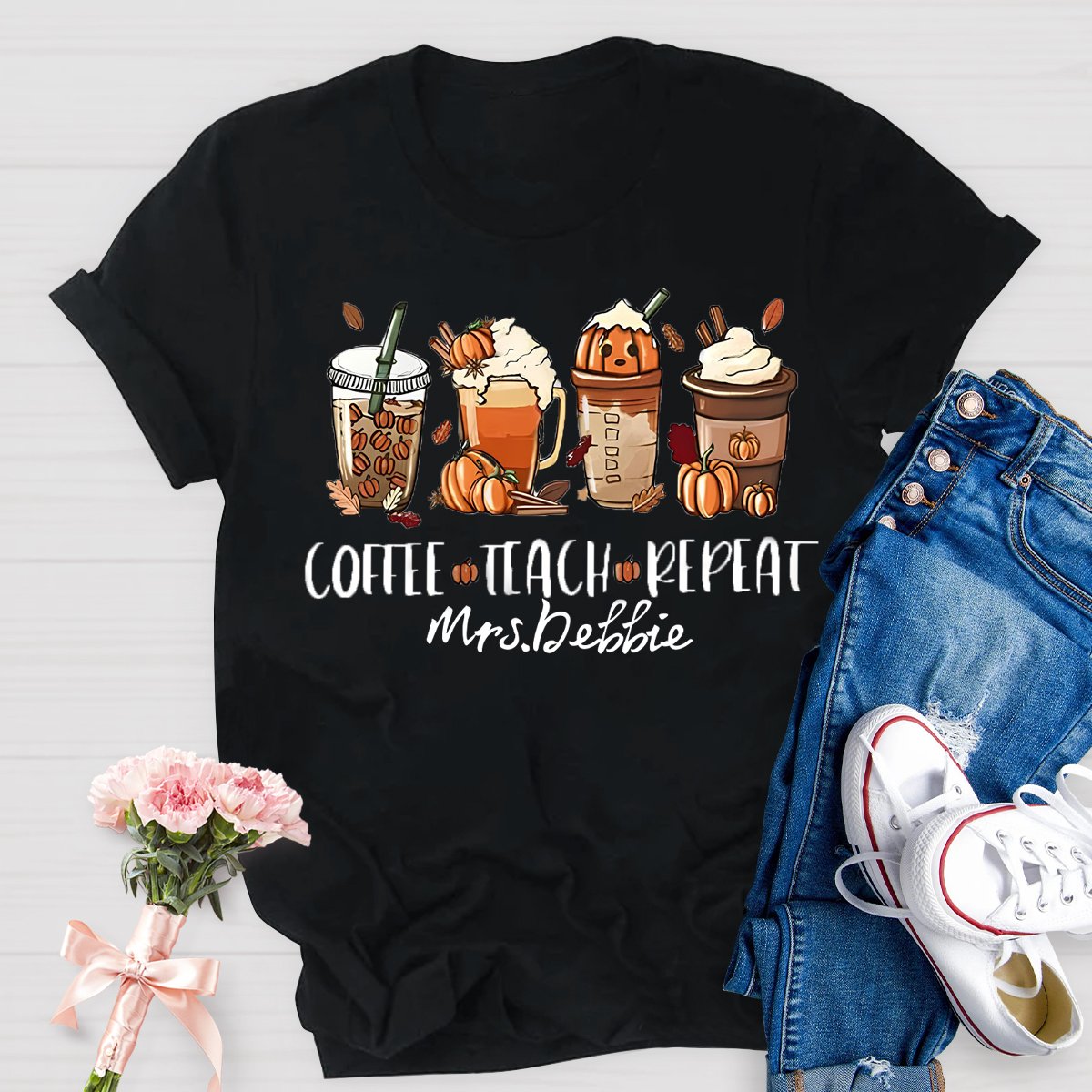 Personalized Name Halloween Coffee Teach Repeat Teacher T-Shirt