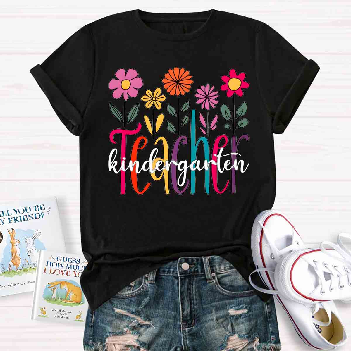 Personalized Grade Kindergarten Teacher Floral T-shirt