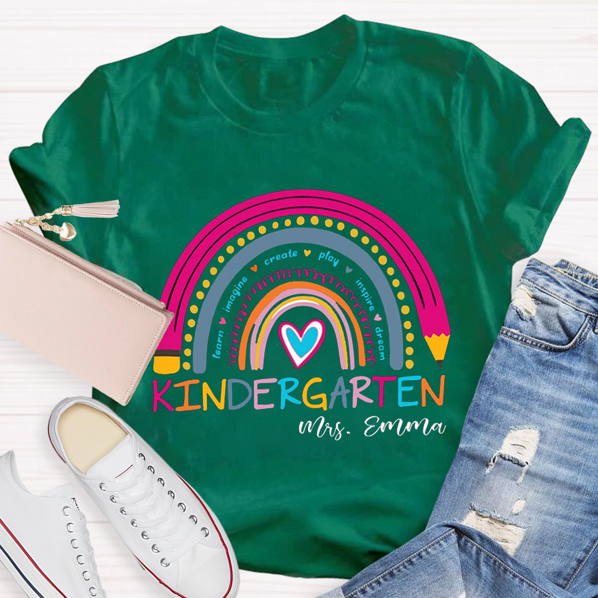 Personalized Name And Grade Rainbow Teacher T-Shirt