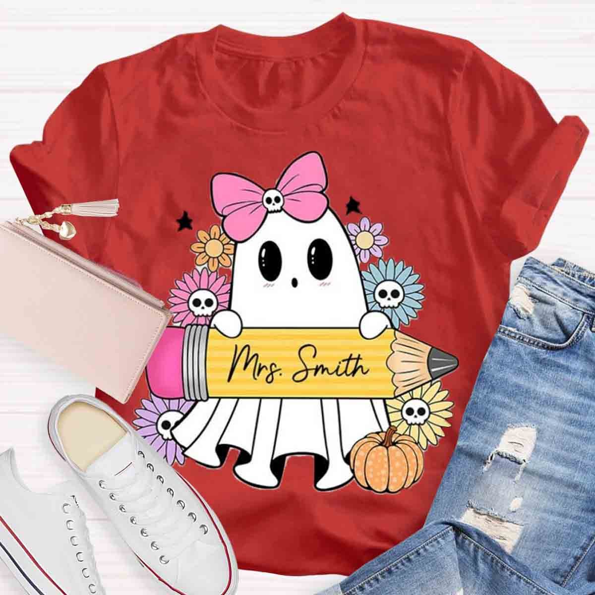 Personalized Name Halloween Teacher Coquette Ghost Shirt