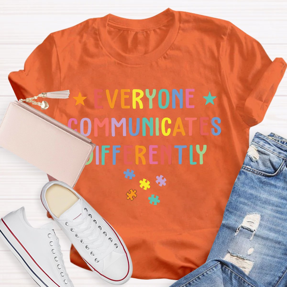 Everyone Communicates Differently Colored Puzzle Special Education Teacher T-Shirt